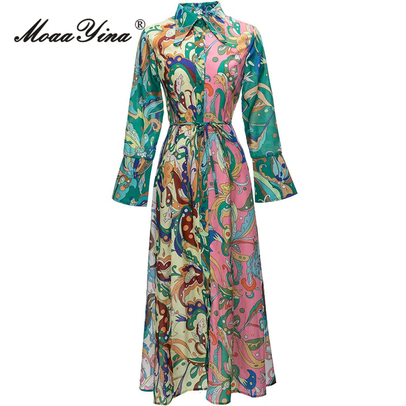 

MoaaYina Summer Fashion Designer Vintage Casual Print Dress Women Lapel Single Breasted Frenulum Gathered Waist Slim Long Dress