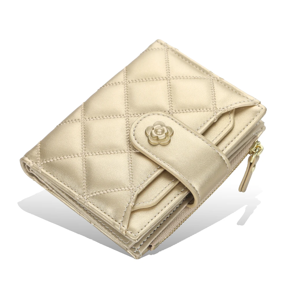 

Baellerry Women Wallet Gold Leather Fashion Grid Flower Girls Wallet Short SD Card Holder Cute Small Zipper Coin Purse for Women
