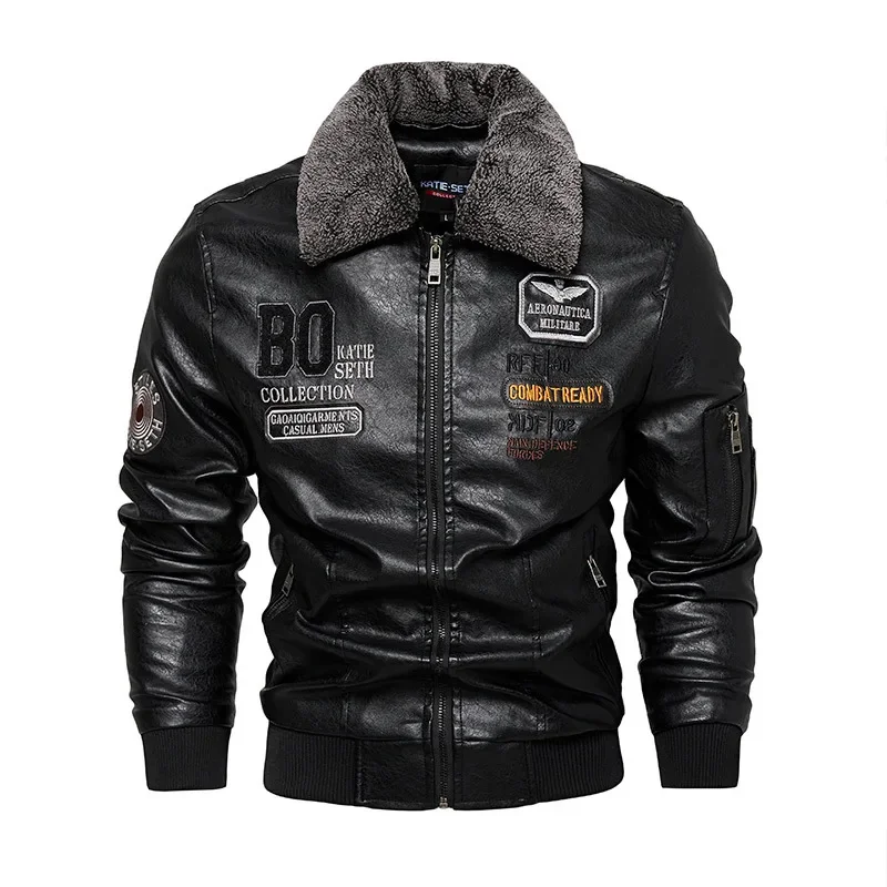 

New Motorcycle Jacket For Men In Autumn/Winter Fasion Casual Leater Embroidered Aviator Jacket Velvet Pu Jacke