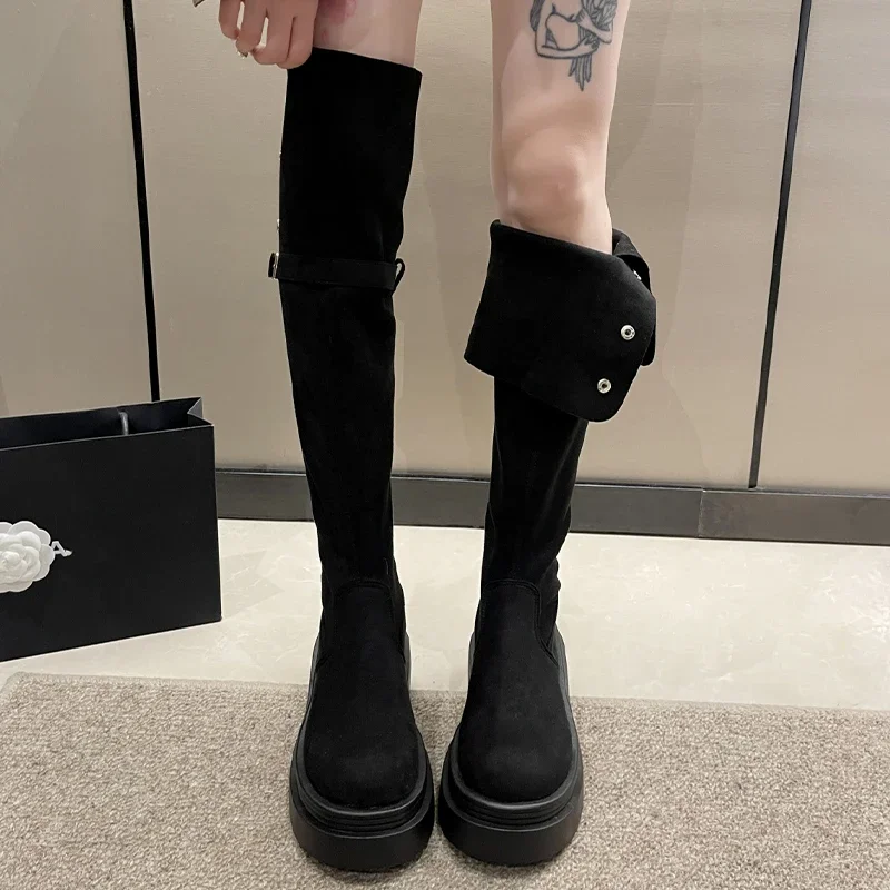 

Winter 2024 Over The Knee Chelsea Boots Women Shoes Flats Platform Suede Goth Boots Designer New Brand Walking Shoes Femme Botas
