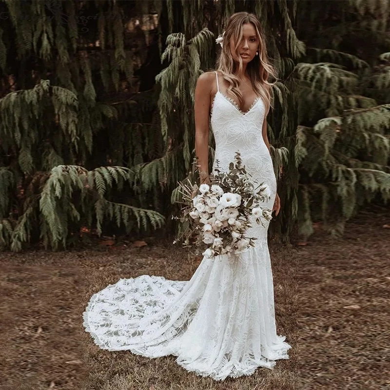 

VENSANAC Boho Spaghetti Straps Mermaid Backless Wedding Dress Embroidery V Neck Sweep Train Lace Bridal Gown