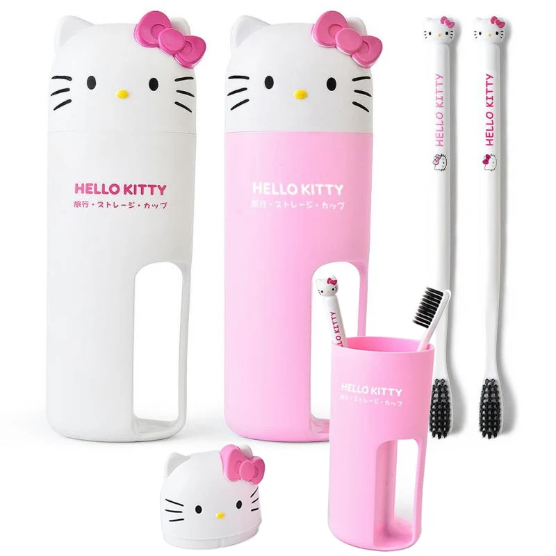 

Kawaii Hello Kitty Toothbrush Gargle Cup Portable Travel Set Cartoon Kt Cat Storage Case Box Shower Room Wash Supplies Kids Gift