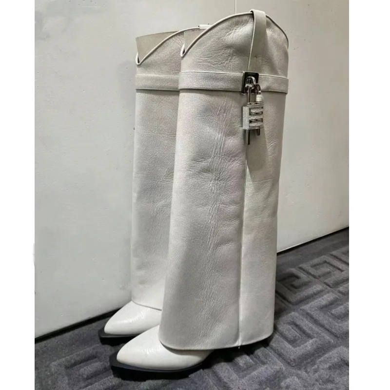 Women's Winter New Fashion Over Knee Long Boots Shark Lock Pattern Thick Sole High Heel Boots Brand Women's Long Leather Boots