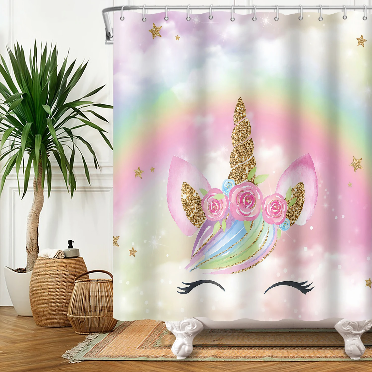 

Unicorn Shower Curtains Set Rainbow Flowers Bathroom Bathtub Screen Decoration Waterproof Bath Curtain Home Decor with Hooks