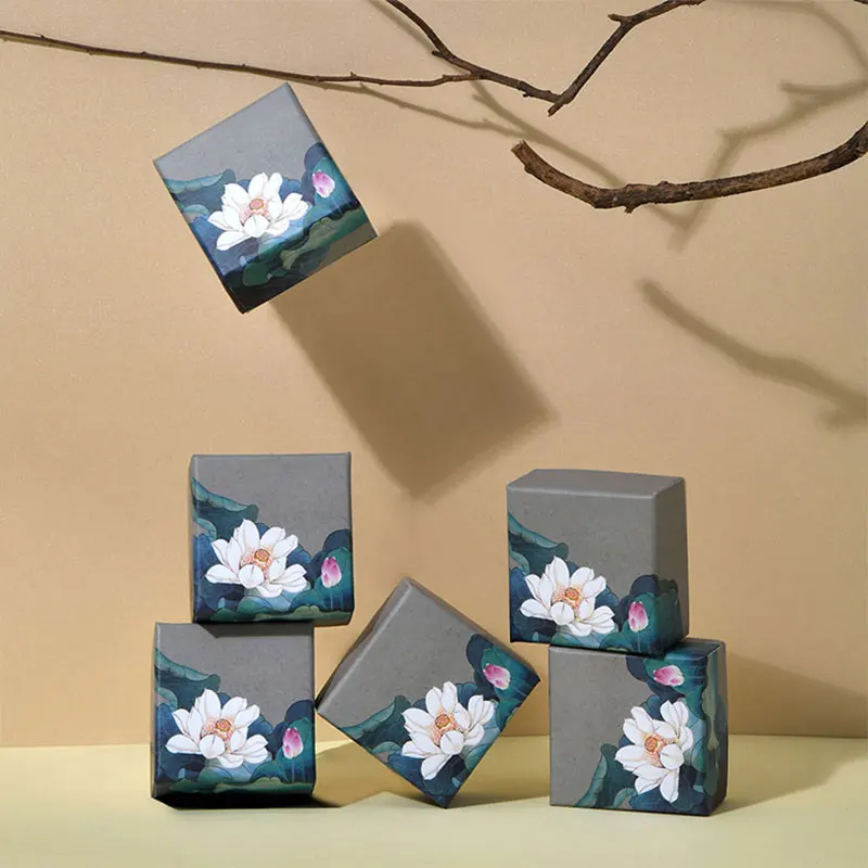 24pcs Lotus Heaven And Earth Cover Earring Box Jewelry Handmade Kraft Vintage Chinoiserie Style Ring Case Creative Gifts Packing