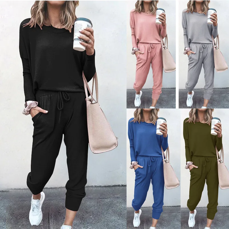 

Two Piece Set Women Casual Sport Woman Top Autumn Plus Size Clothing For Woman Solid Color O Neck Long Sleeves Joggers Women Set