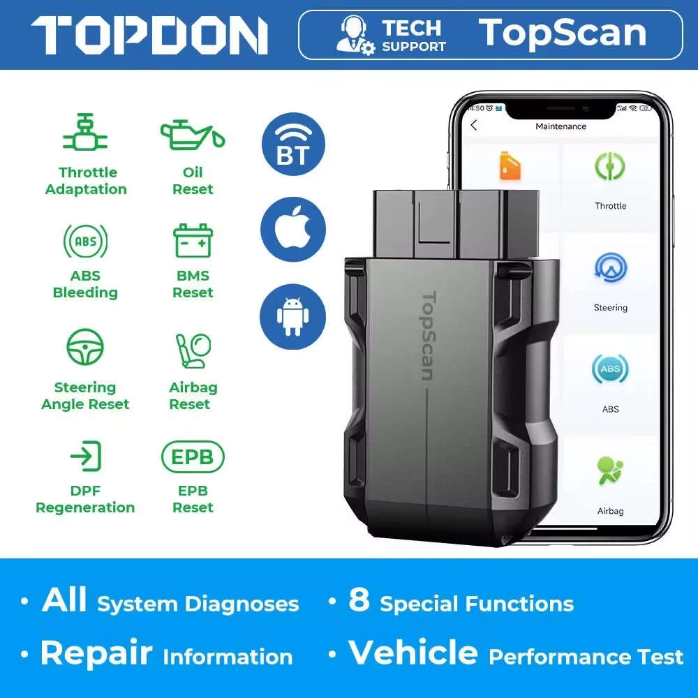 

Сканер TOPDON TopScan Lite, умный диагностический инструмент, руководство по ремонту DTC, Bluetooth, считыватель кодов OBD2, полная система, активный тест