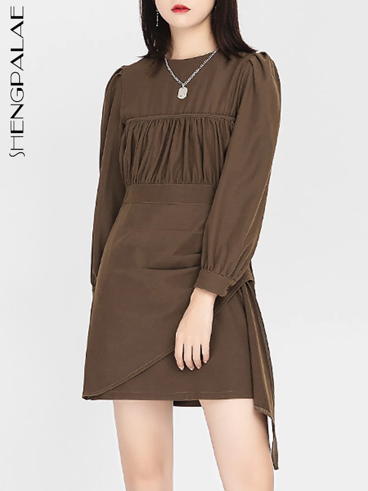 

Женское платье-трапеция SHENGPALAE, однотонное мини-платье с круглым вырезом, осень 2023, новинка 5R6255