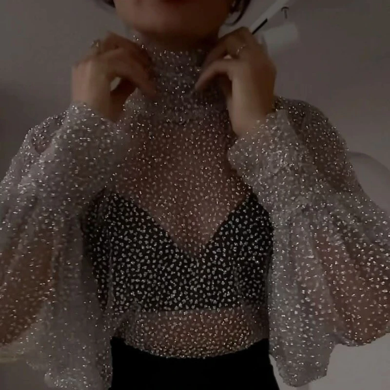 Женская прозрачная блузка с длинным рукавом и высоким воротником