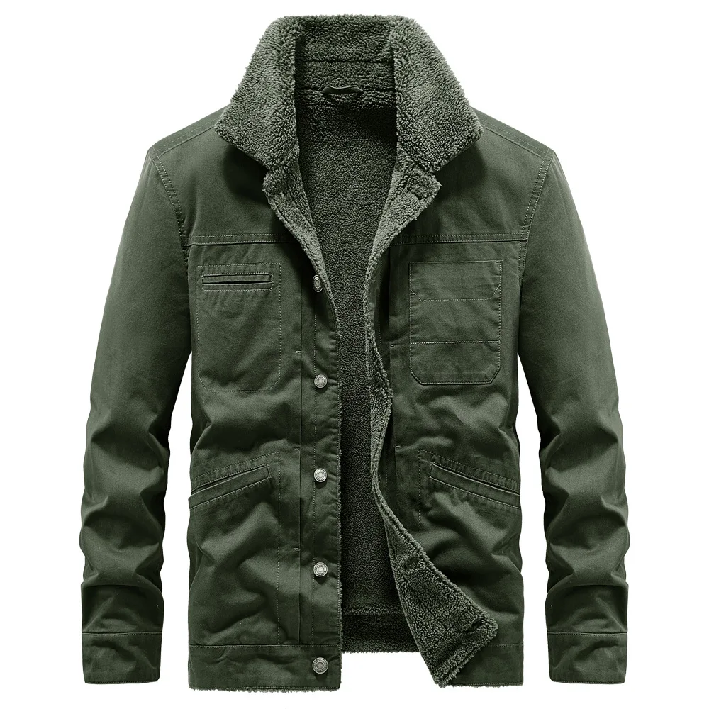 100%Cotton Winter Jacket Men New Fleece-lined Thickened Warm Men's Coat Casual Khaki Green Lamb Parka Male Cargo Jacket B01568