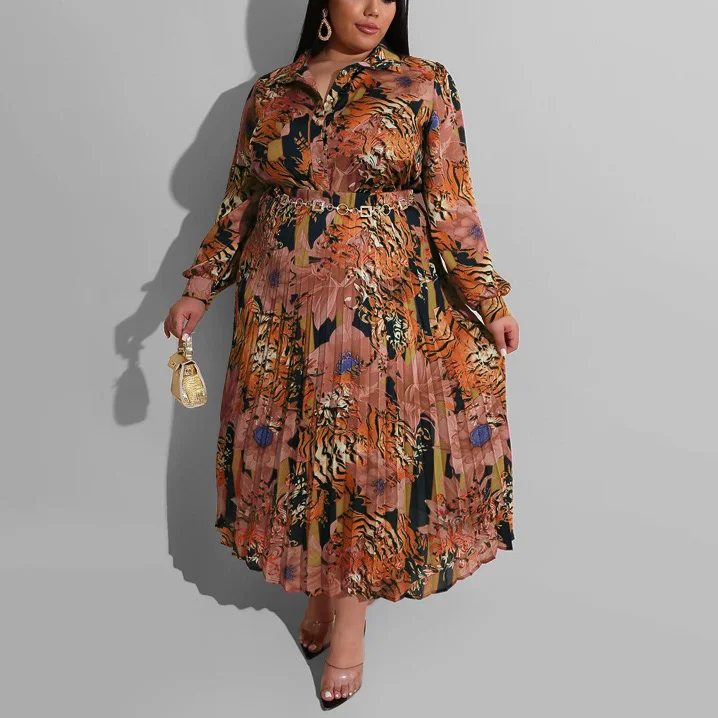 Plus Size Dresses for Women Mid Calf Pleated Printed Full Sleeve Autumn Fall New Evening Party Birthday Vestidos Mujer Dress Big