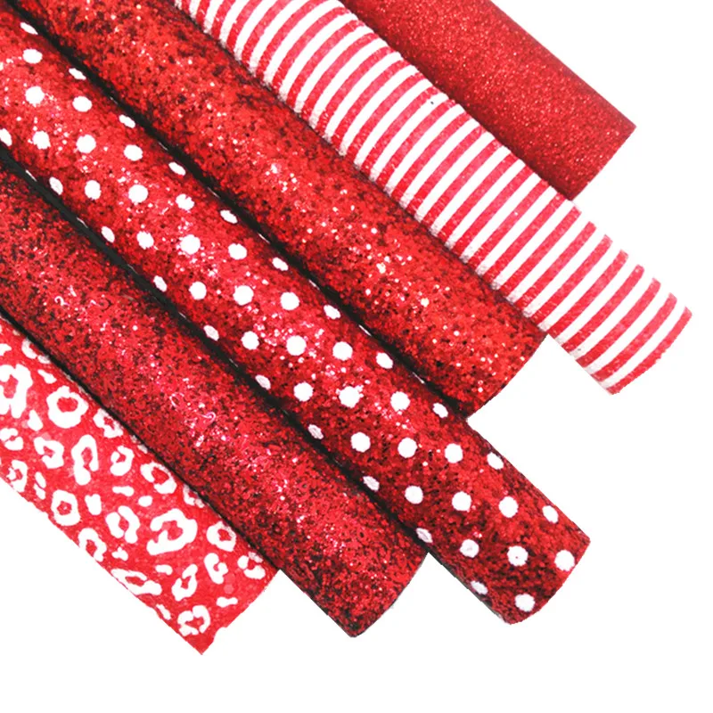 Polka Dots Custom Glitter Leather Stripes Leopard Printed Faux Leather Sheets Red Chunky Glitter for DIY Craft 8.2"x11.4" SJ046