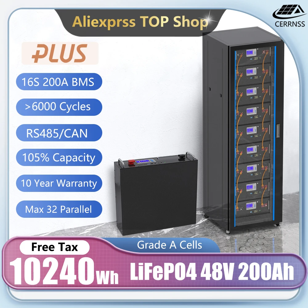 48V 200Ah LiFePO4 Battery Pack 51.2V 10Kw＞6000 Cycles Parallel Max 320KW Built-in BMS With CAN/RS485 -10 Years Warranty No Tax