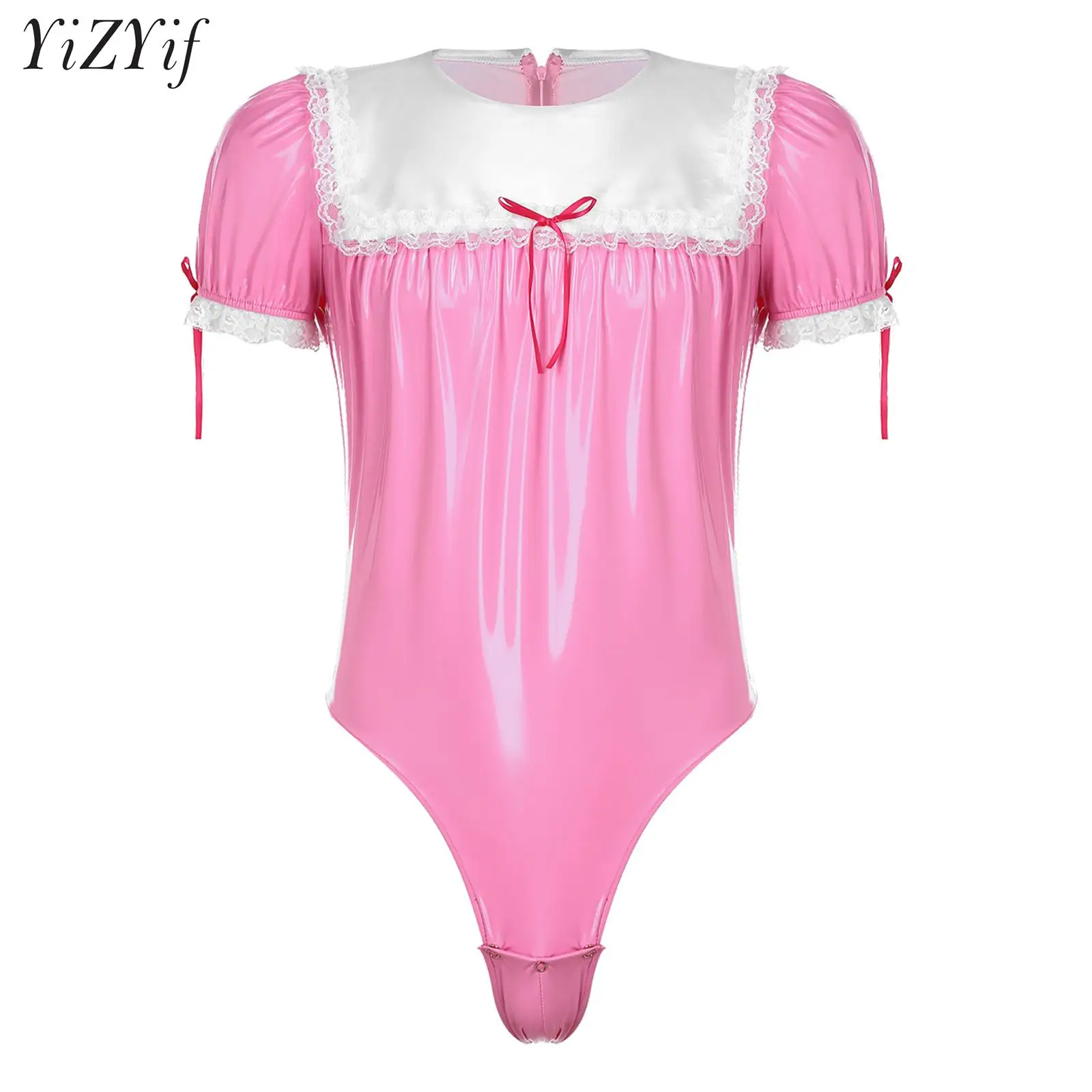 

Men Sexy Sissy Maid Cosplay Costume Lace Trim Puff Sleeve Bowknot Babydoll Bodysuit Crossdresser Patent Leather Zip-Up Catsuit