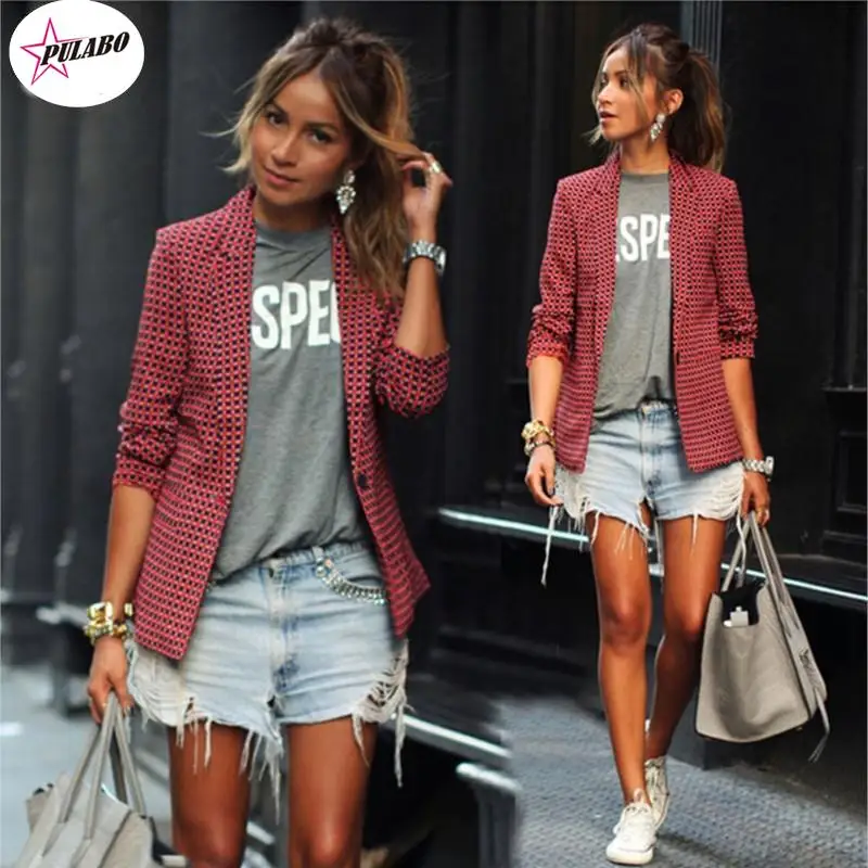 

Модный клетчатый женский Блейзер pulab, пальто, ретро-костюм на пуговицах, клетчатая куртка с наплечниками, куртка, Блейзер, Женские повседневные пальто