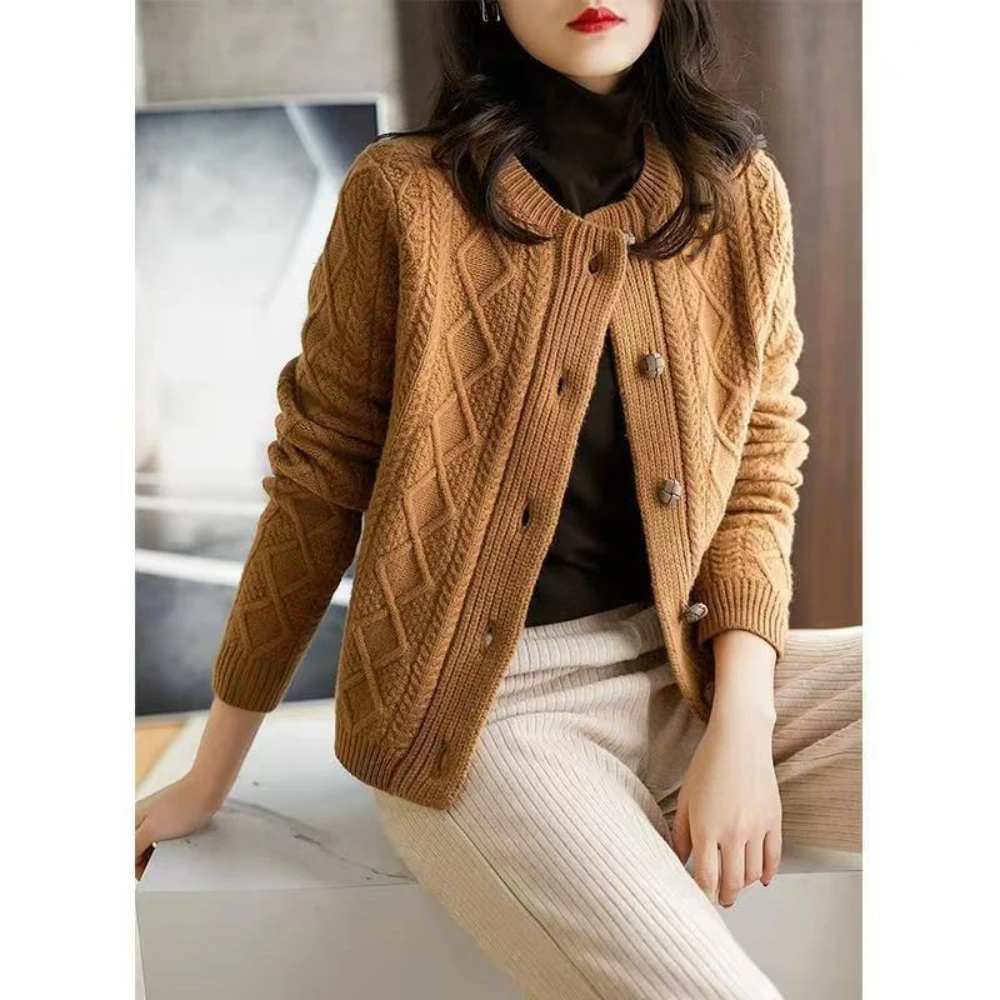 

2023 Women Autumn Vintage Slim Single Breasted Solid Sweater Full Sleeves O-neck Knitted Cardigan Coat Korean Simple Oversized