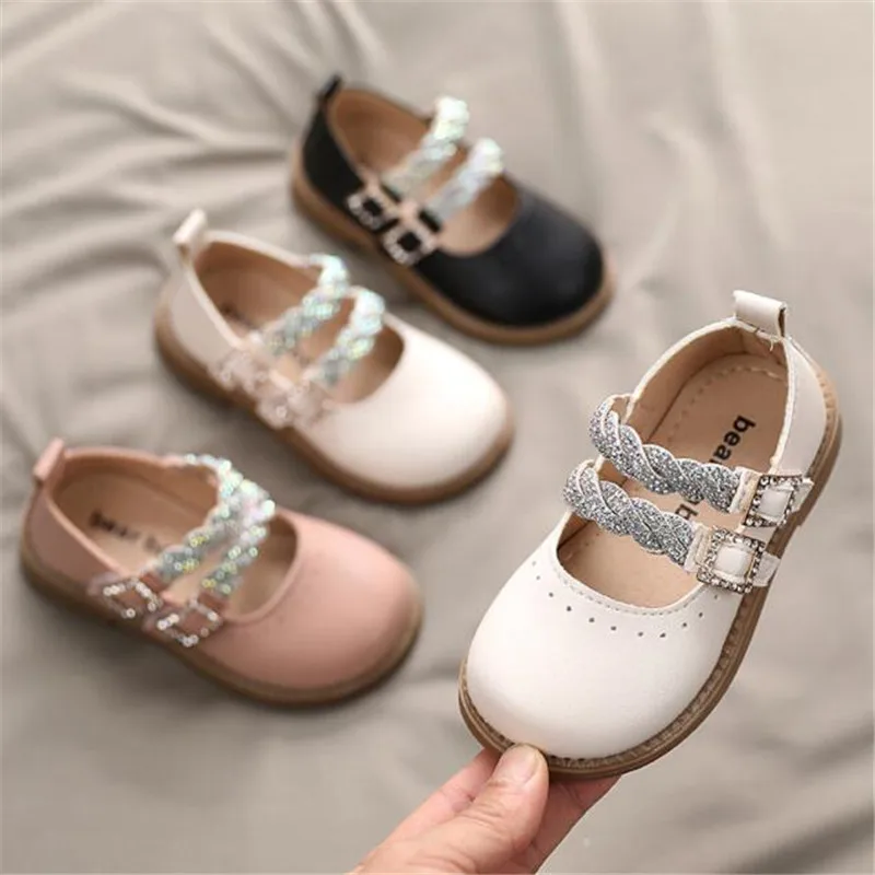 

Children's Leather Shoes Little Girls Kids casual Shoes 2022 new Girl Princess Flats Fashion Rhinestones Shoes black pink Beige