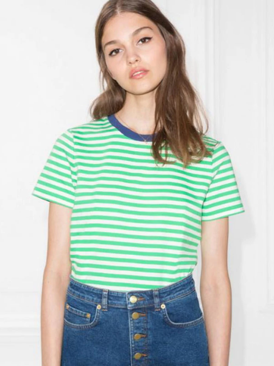 Лоскутная полосатая футболка хлопковая с круглым вырезом летние женские