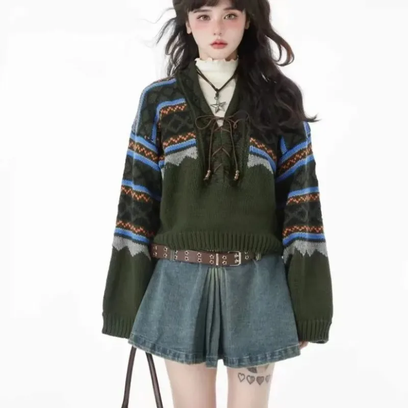 

Женский вязаный свитер в стиле Харадзюку, зеленый пуловер с V-образным вырезом