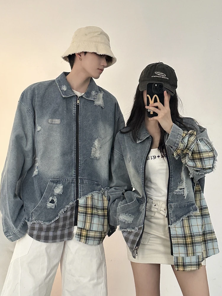 Американский винтажный модный бренд в стиле пэчворк рваные джинсы куртка дизайн