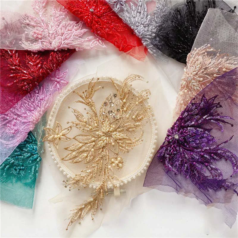 

6Pieces European Beaded Embroidery Lace Hand-stitched Pearls Flower Applique Accessories Wedding Dress Clothing diy Decals