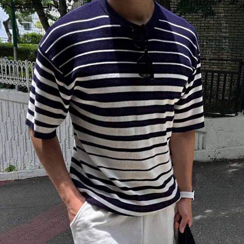 INCERUN 2024 Модные мужские градиентные полосатые трикотажные футболки в Корейском