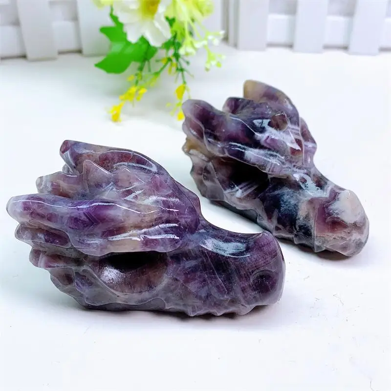 

8CM Natural Dream Amethyst Crystal Handmade Carved Dragon Head Skull Statue Reiki Healing Stone Home Decoration Accessories 1pcs