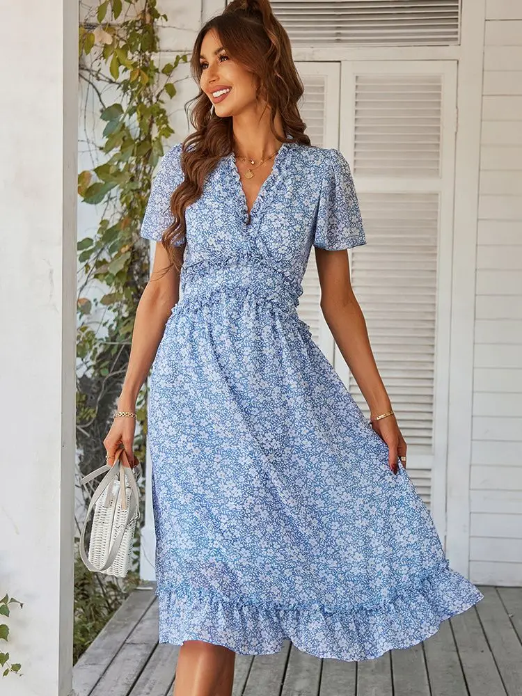 

Ladies Vintage Boho Floral Print Chiffon Dress Women Casual Holiday Party Beach Summer Dress Women Sundress Female Robe