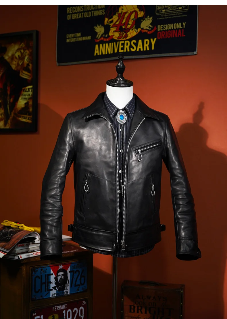 

YR!Free shipping.Men Luxury leather jacket.Retro black tanned horsehide coat.Classic motor biker leather cloth.1.4mm