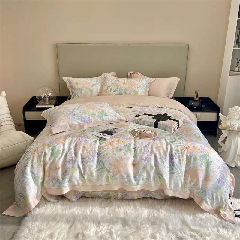

Luxury Natural Healthy Set Floral Print with Duvet Cover Bedding Sheet 2 Pillow Cases Cool Soft Breathable for Summer