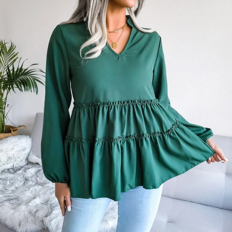 

Elegant Fashion Women Casual Blouse 2022 NEW V-neck Solid Full Lantern Sleeves Loose Ruffles Large Swing Chic Chiffon Shirt