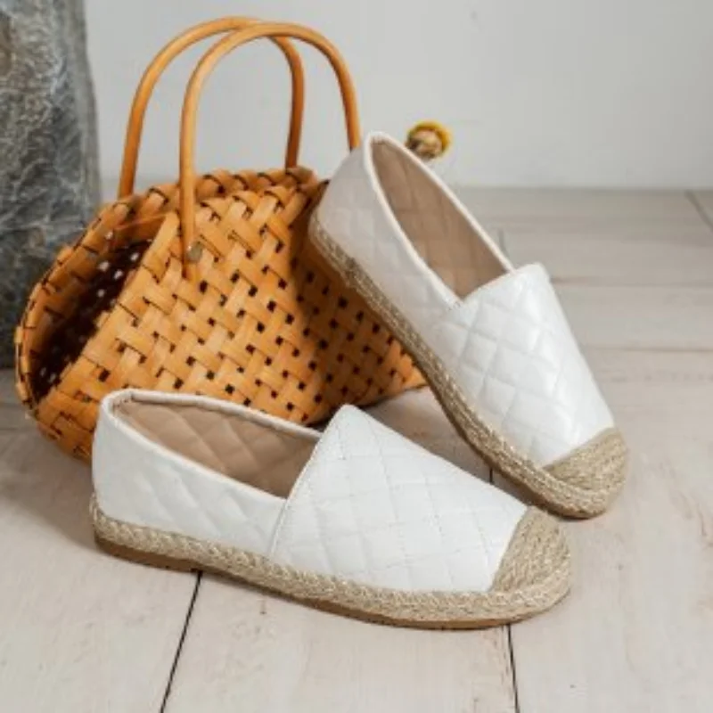 

Lazy Shoes Espadrilles Women Casual Round Toe Slip on Loafers Quilted White PU Leather Women Flat Fishmen Shoes