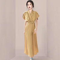 womens summer new korean high end temperament suit collar short sleeve belt waist stitching fashion party pleated dress