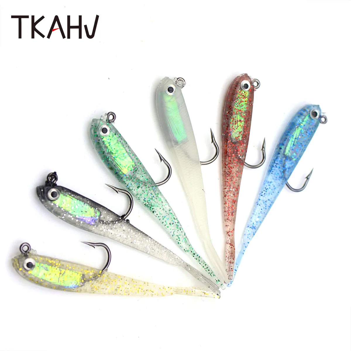 

TKAHV 20 PCS 7.6 cm 5.5 g Jig Hook Fork Tail Soft Fishing Lure 3D Eyes Artificial Silicone Bait Jig Wobblers Shiner Sea Swimbait