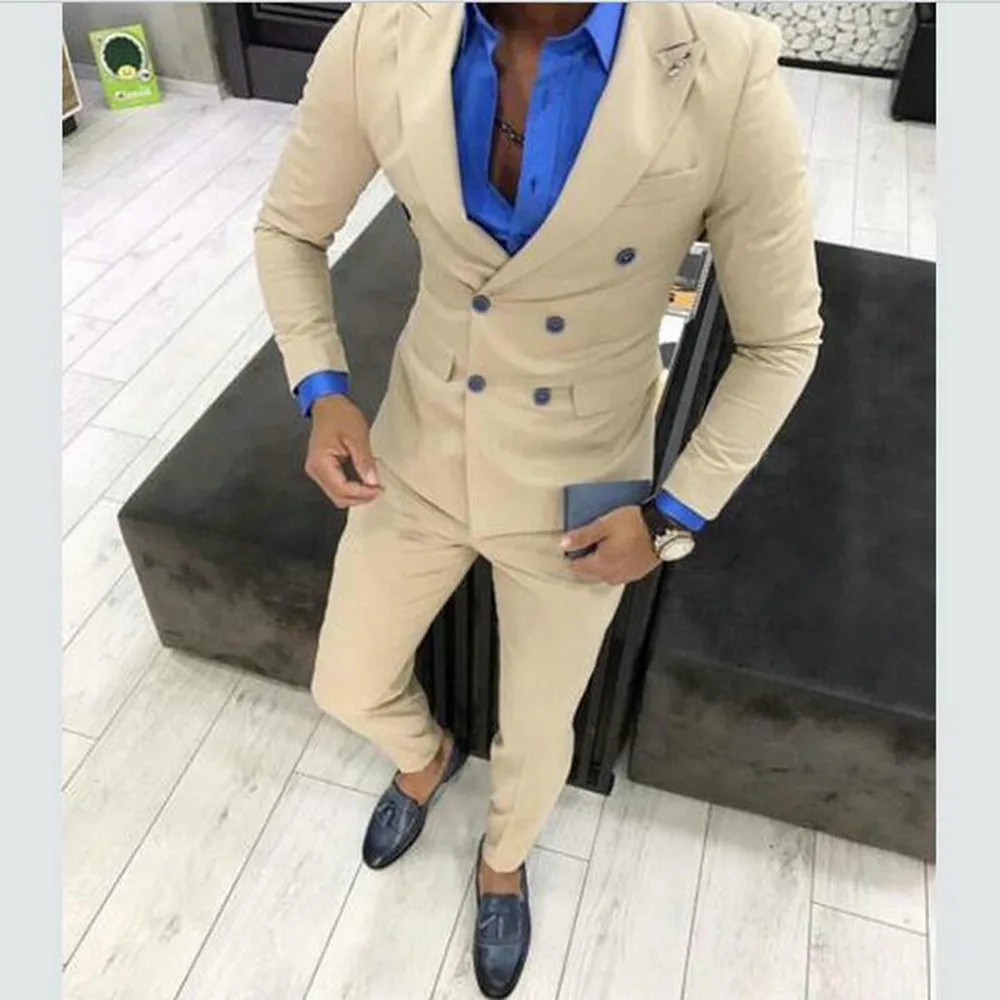 

Slim Fit Men‘s Suit Beige Classic Design Double Breasted Tuxedos Groomsmen for Wedding (Blazer+Pants)
