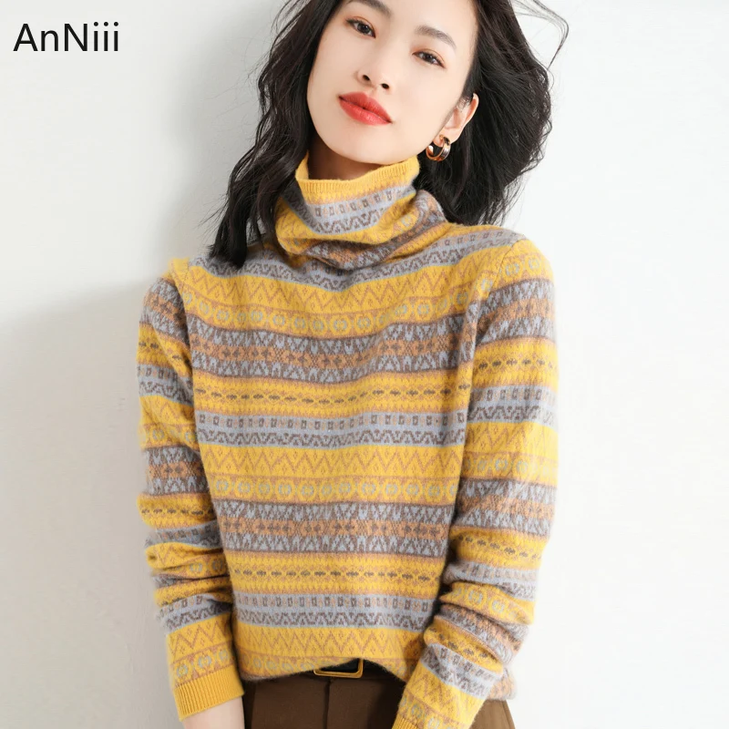 

Woman Fashion Sweater Jumper Female Pullovers 2022 New Style Turtleneck Sriped Tops Cashmere Oversized Sweaters Office Lady