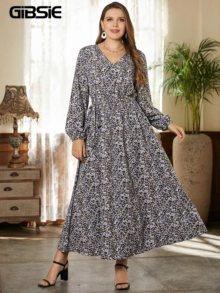 

Женское платье с цветочным принтом, рукавом-фонариком и V-образным вырезом