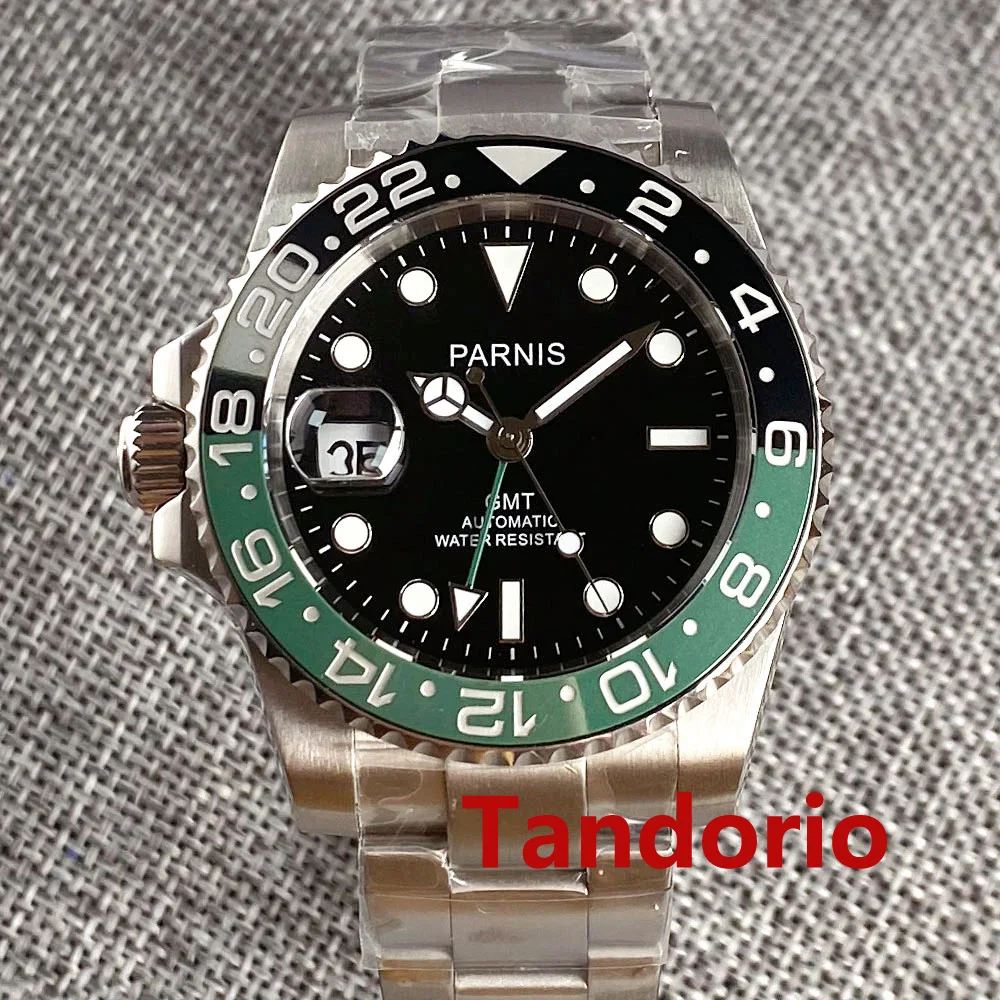 

40mm Parnis Left-Handed GMT Automatic Men Watch Sapphire Glass Green Black Rotating Bezel Ceramic Insert Screwdown Crown Oyster