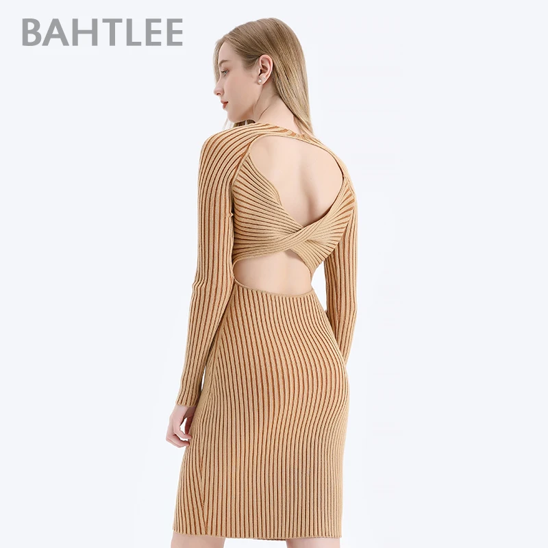 BAHTLEE Women Slim Bodycon Sexy Dress Backless Wool Knitted Bundle Waist Long Sleeves Dress