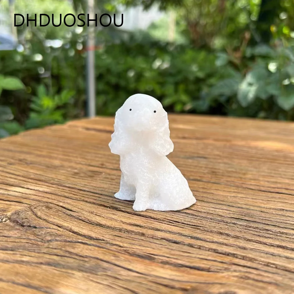 

Customized Natural Crystal Little Dog Figurine Puppy White Jade Carving Sculpture Ornaments Statue For Home Decor Kids Gifts