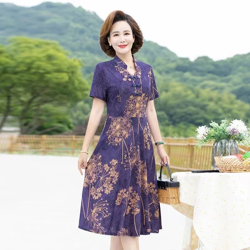 

BL40 Middle aged Female Mother's New Noble Dress Fashionable Summer Middle Age Style Chiffon Skirt