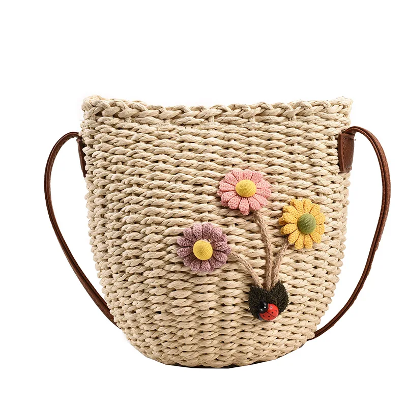 Summer Resort Beach Woven Bag for Women's Cross-body Velvet Flower Bucket Bag Open 2023 Straw Single Shoulder Bag National
