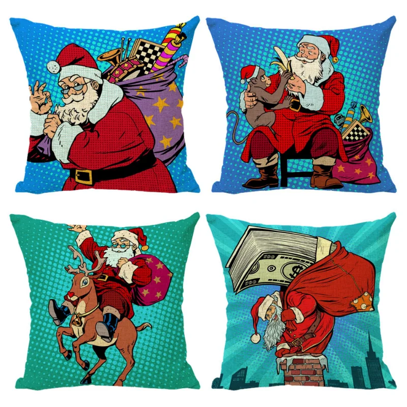 

New Christmas Pillow Cover Santa Claus Linen Print Pillow Cover Living Room Sofa Home Cushion Cover
