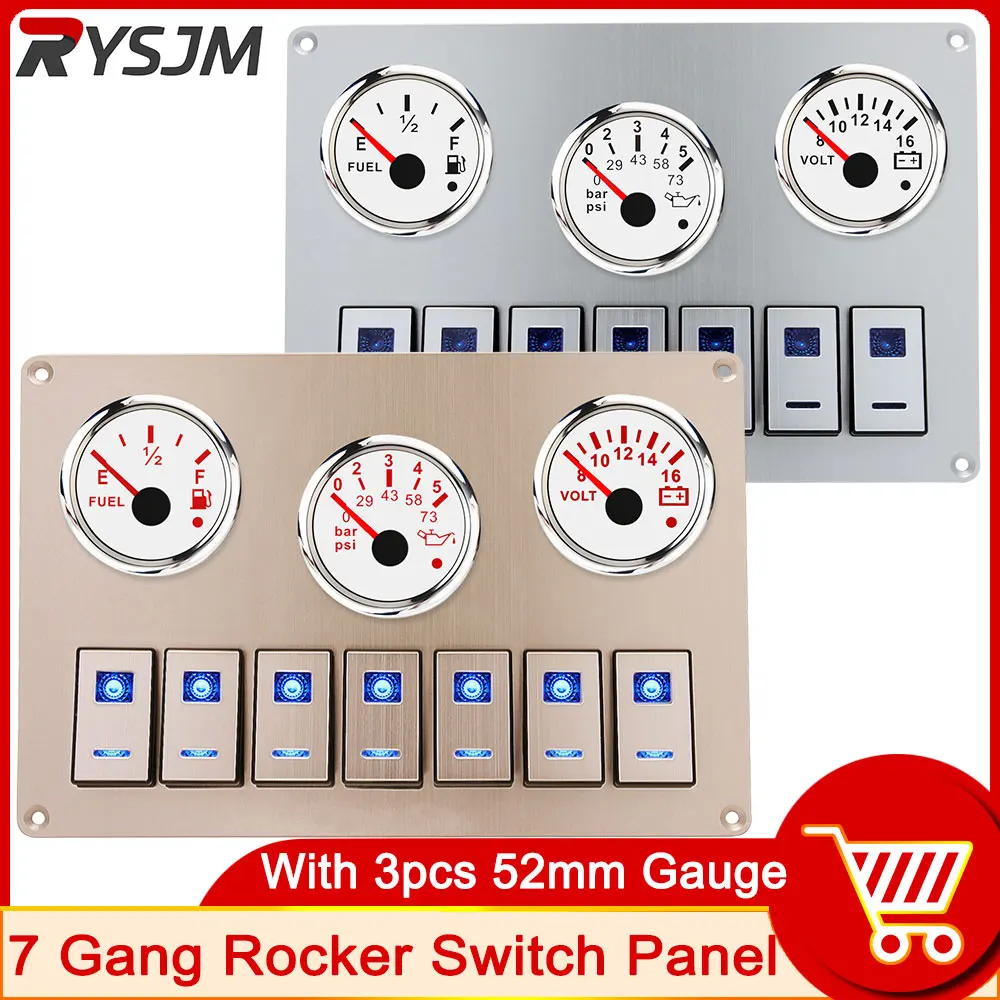 

HD Waterproof 7 Gang Rocker Switch for Car Boat Marine RV Truck Camper with 52mm Fuel Level Gauge Voltmeter Oil Press Meter