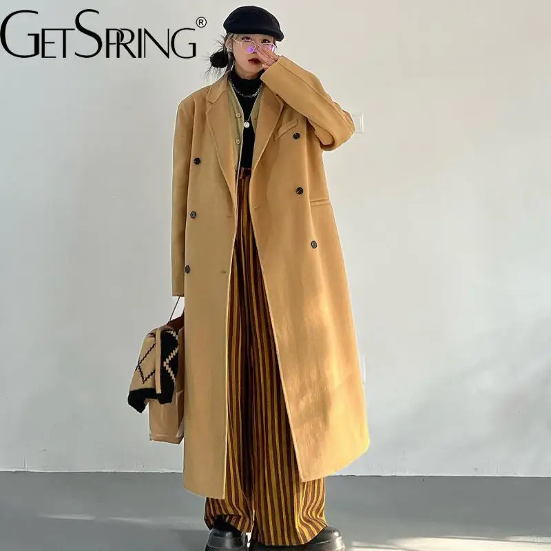 

Women Woolen Coat Solid Full Sleeve Winter Woolen Jacket Double Breasted All Match Black Outwear Loose Long Overcoat Autumn 2022