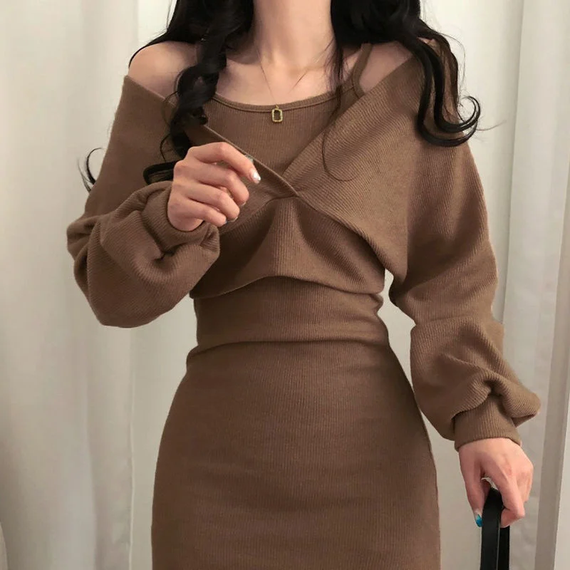 

Sexy Solid Knitted Mini Dress Women Two Piece Set Skinny Dresses and Long Sleeve Knitted Cardigan Harajuku Dress Vestidos