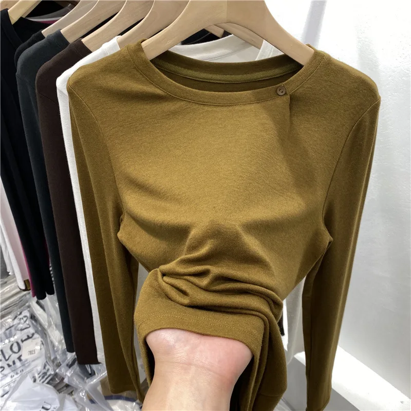 

Simple Solid Body Fit T Shirt For Women 2022 Spring Fashion Clothing Long Sleeve O Neck Tshirt Comfortable Tops Oversized M-4XL