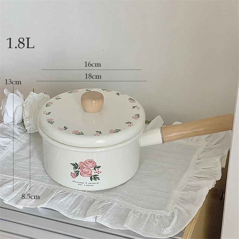 

Эмалированная сковорода для молока с крышкой, винтажные кухонные кастрюли с розовой розой, горшок для детского питания, маленькая кастрюля для супа с лапшой, эмалированная посуда, посуда