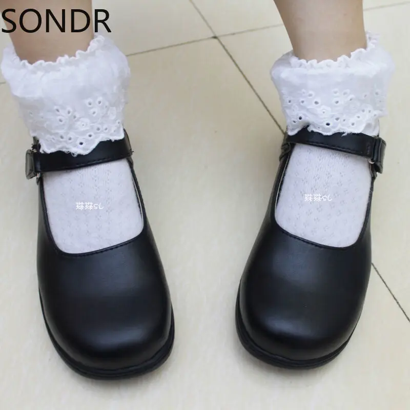 

US4-11 Cute Lolita Round Toe Womens Cosplay Maid Shoes Mary Janes School Shoes Low Heel New Black Brown Plus Size New 2023