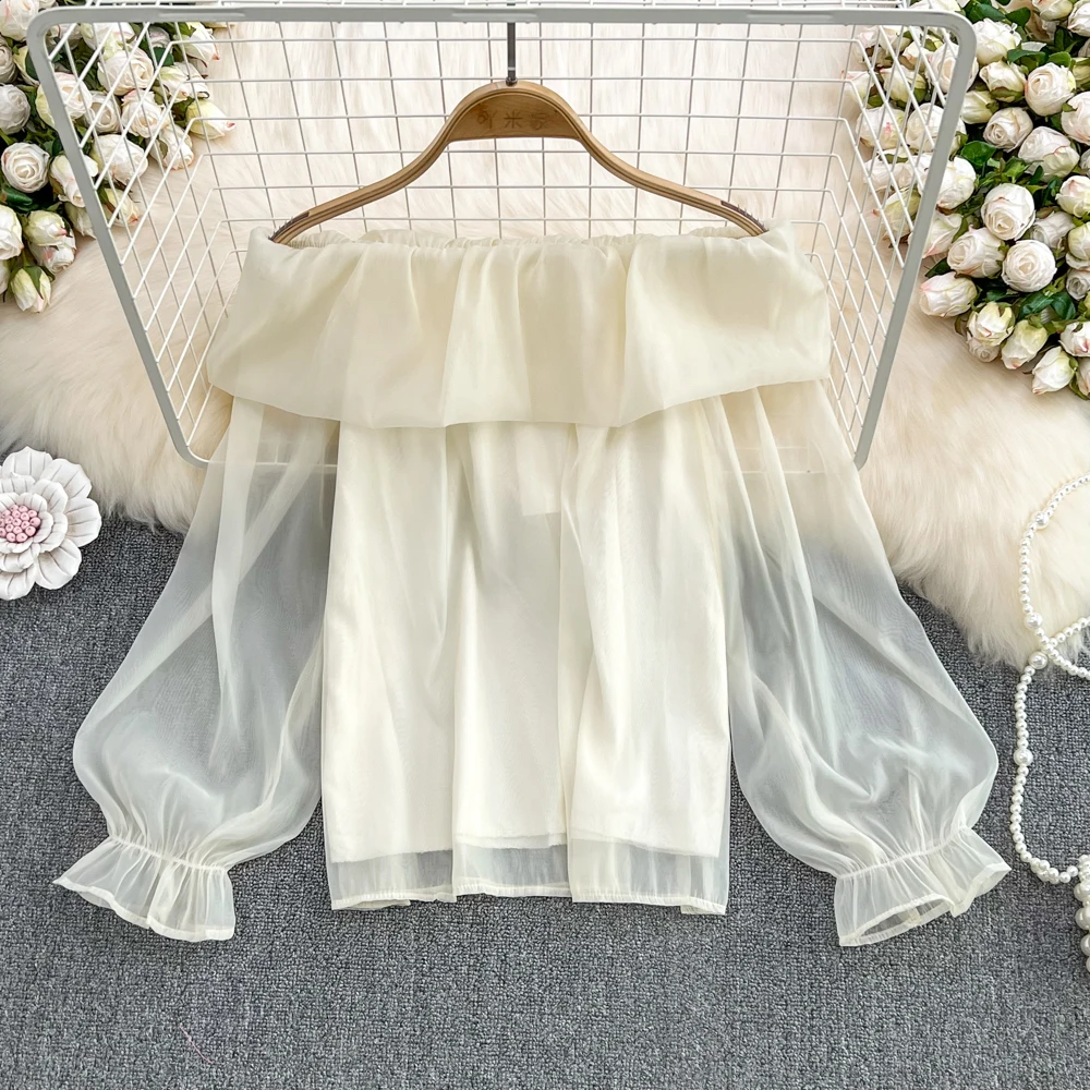 

С открытыми плечами, открытыми плечами, с краями листьев лотоса, свободные и тонкие, пуловер, шифоновая блузка для женщин, весна 2022, иностранный стиль, блузка